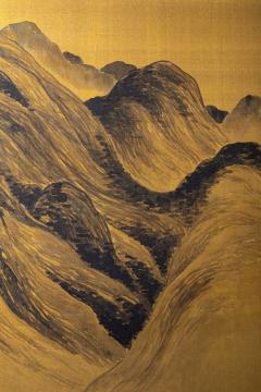 Japanese Two Panel Screen Mountain Landscape on Gold Silk - 3164897