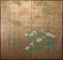 Japanese Two Panel Screen Peony Wisteria Cherry and Bamboo on Soft Silver - 1537317