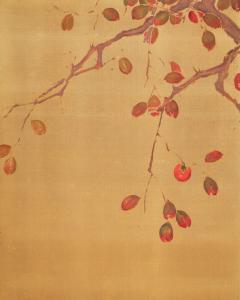 Japanese Two Panel Screen Persimmon on Gold Silk - 4713125