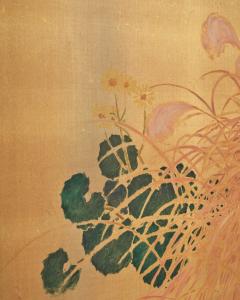 Japanese Two Panel Screen Persimmon on Gold Silk - 4713126