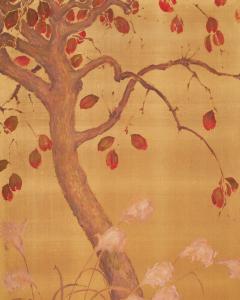 Japanese Two Panel Screen Persimmon on Gold Silk - 4713129