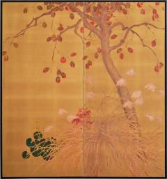 Japanese Two Panel Screen Persimmon on Gold Silk - 4714799