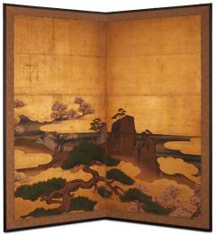 Japanese Two Panel Screen Pine and Cherry Landscape - 3515865