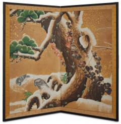 Japanese Two Panel Screen Pine in Snowy Landscape with Doves - 3529208