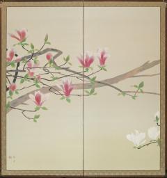 Japanese Two Panel Screen Pink and White Magnolias In Early Bloom - 1564219