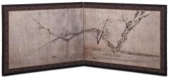 Japanese Two Panel Screen Plum Branch on Silver - 3105891