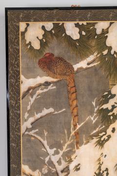 Japanese Two Panel Screen Recumbant Pheasant in Snow Laden Pine - 3318940