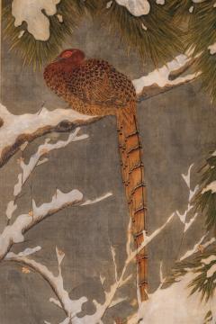 Japanese Two Panel Screen Recumbant Pheasant in Snow Laden Pine - 3318943