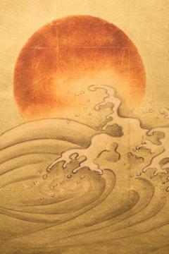 Japanese Two Panel Screen Red Sun and Waves on Gold Leaf - 374947