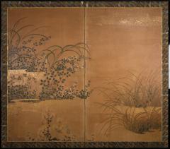 Japanese Two Panel Screen Rimpa Floral Landscape - 1824978