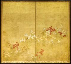 Japanese Two Panel Screen Rimpa Nadeshiko Flowers on Heavy Gold Leaf - 1981330