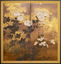 Japanese Two Panel Screen Rimpa Painting of Chrysanthemums - 970067