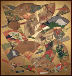 Japanese Two Panel Screen Rimpa Painting of Fans on Gold Leaf - 1825004