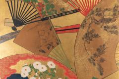 Japanese Two Panel Screen Rimpa Painting of Fans on Gold Leaf - 1825044