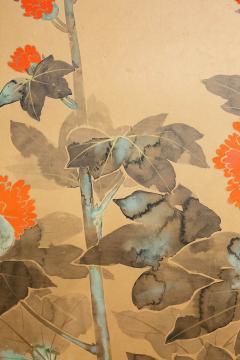 Japanese Two Panel Screen Rimpa Style Painting of Hollyhocks - 921660