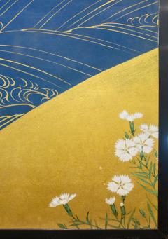 Japanese Two Panel Screen Rimpa and Deco Style Painting of Flowers by Stream - 1163647