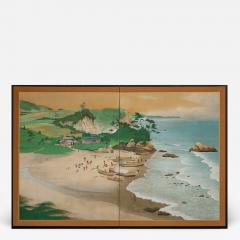 Japanese Two Panel Screen Scene from Ainu Fishing Village Northern Hokkaido  - 683871