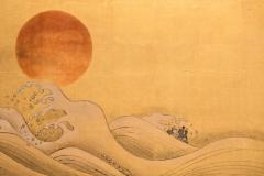 Japanese Two Panel Screen Setting Sun Over Cresting Waves - 3128423