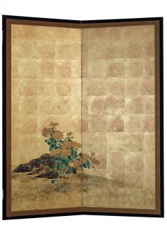 Japanese Two Panel Screen Simple Chrysanthemums on Gold - 3187269