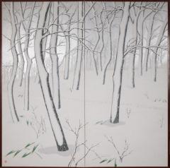 Japanese Two Panel Screen Snow Flakes Falling in the Forest - 3138308