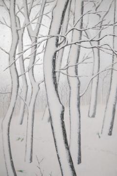 Japanese Two Panel Screen Snow Flakes Falling in the Forest - 3138337