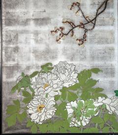 Japanese Two Panel Screen Spring Flowers on Silver - 1714366