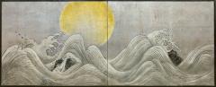 Japanese Two Panel Screen Stylized Waves on Silver Leaf and Golden Sun - 1479015