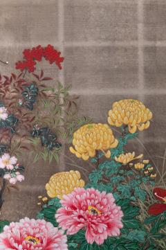 Japanese Two Panel Screen Summer Garden on Silver - 1939459