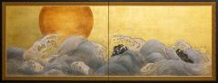 Japanese Two Panel Screen Sun Over Cresting Waves on Gold Leaf - 1920209