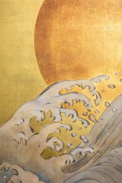 Japanese Two Panel Screen Sun Over Cresting Waves on Gold Leaf - 1920223
