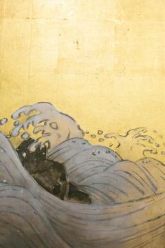 Japanese Two Panel Screen Sun Over Cresting Waves on Gold Leaf - 1920225