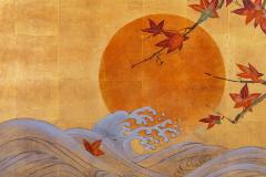 Japanese Two Panel Screen Sun and Cresting Waves Through Maple - 3015710