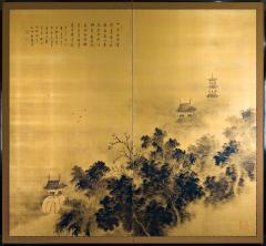 Japanese Two Panel Screen Temples Through Misty Forest - 1981332