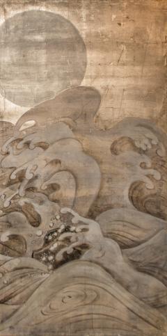 Japanese Two Panel Screen Waves and Moon on Silver - 1762402