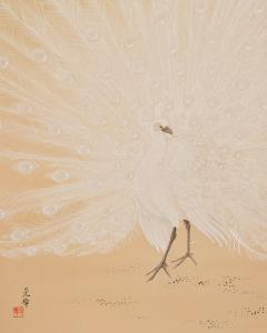 Japanese Two Panel Screen White Peafowl in Courtship Display - 4713074