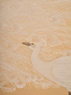 Japanese Two Panel Screen White Peafowl in Courtship Display - 4713076