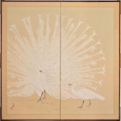 Japanese Two Panel Screen White Peafowl in Courtship Display - 4714795