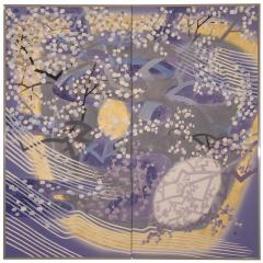 Japanese Two Panel Screen Yozakura Cherry Blossom Viewing at Night  - 4187658