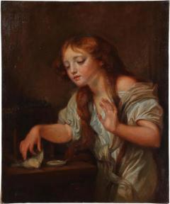Jean Baptiste Greuze Antique Oil Painting of a Young Girl With a Bird After Jean Baptiste Greuze - 4444145