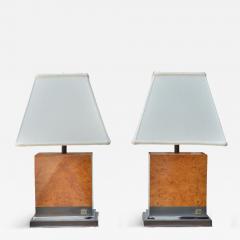 Jean Claude Mahey Burl Wood Chrome Table Lamps France 1960s - 4207696