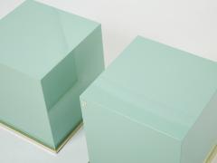 Jean Claude Mahey J C Mahey turquoise blue lacquer and brass cube end tables 1970s - 2304067