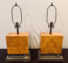 Jean Claude Mahey Pair of Jean Claude Mahey Burl Wood Chrome Base Table Lamps with Shades - 2982647