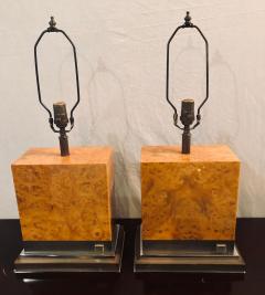 Jean Claude Mahey Pair of Jean Claude Mahey Burl Wood Chrome Base Table Lamps with Shades - 2982648