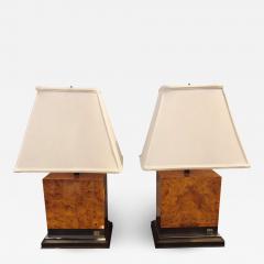 Jean Claude Mahey Pair of Jean Claude Mahey Burl Wood Chrome Base Table Lamps with Shades - 2988652