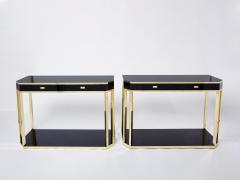 Jean Claude Mahey Pair of Jean Claude Mahey black lacquered brass console tables 1970s - 2893702