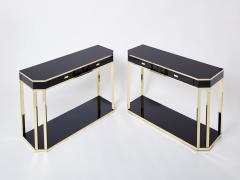 Jean Claude Mahey Pair of Jean Claude Mahey black lacquered brass console tables 1970s - 2893704