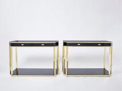 Jean Claude Mahey Pair of Jean Claude Mahey black lacquered brass console tables 1970s - 2893710