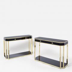 Jean Claude Mahey Pair of Jean Claude Mahey black lacquered brass console tables 1970s - 2895940