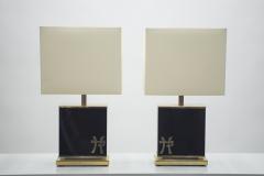 Jean Claude Mahey Pair of large Mid century J C Mahey black lacquer and brass table lamps 1970s - 994431