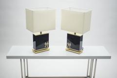 Jean Claude Mahey Pair of large Mid century J C Mahey black lacquer and brass table lamps 1970s - 994435